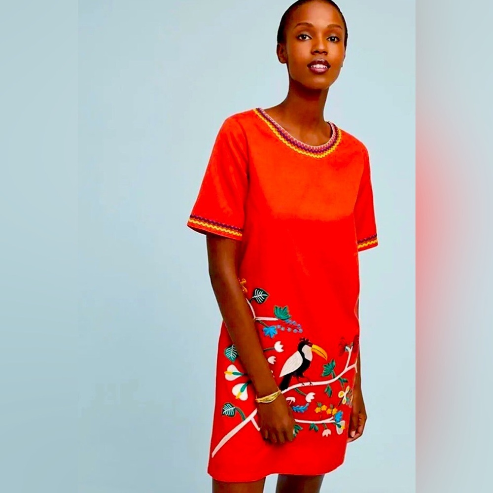 Anthropologie Corey Lynn Calter Toucan jungle red Embroidered Dress Sz Small